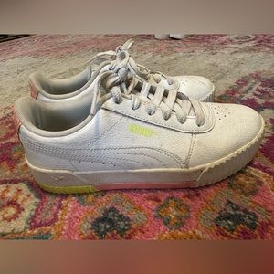 Women’s Puma Sneakers (white with neon yellow and pastel pink details). Size 6.5